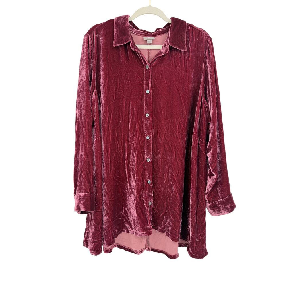 J. Jill Womens 2X Button Front Crushed Velvet Top Silk Blend Burgundy Red Tunic